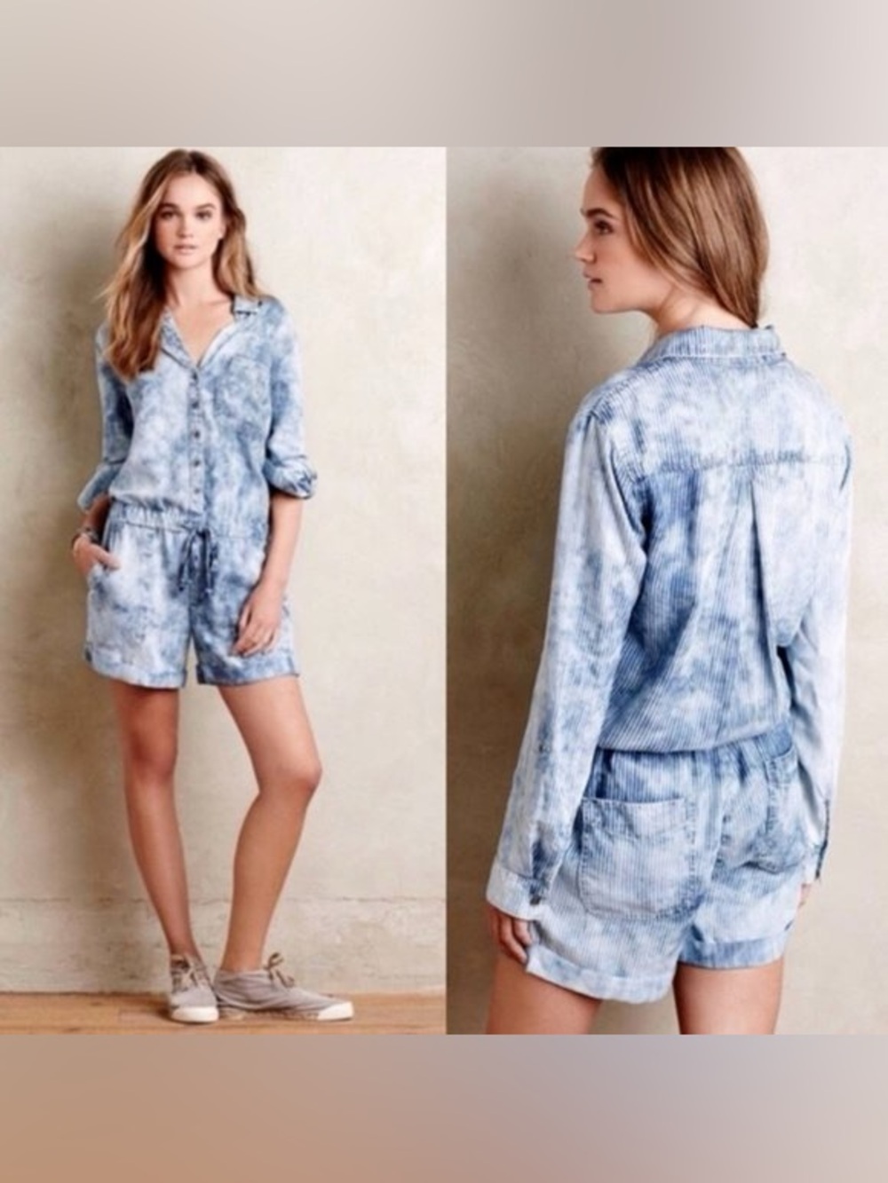 Anthropologie Light Blue Tie-Dye Button-Up Romper